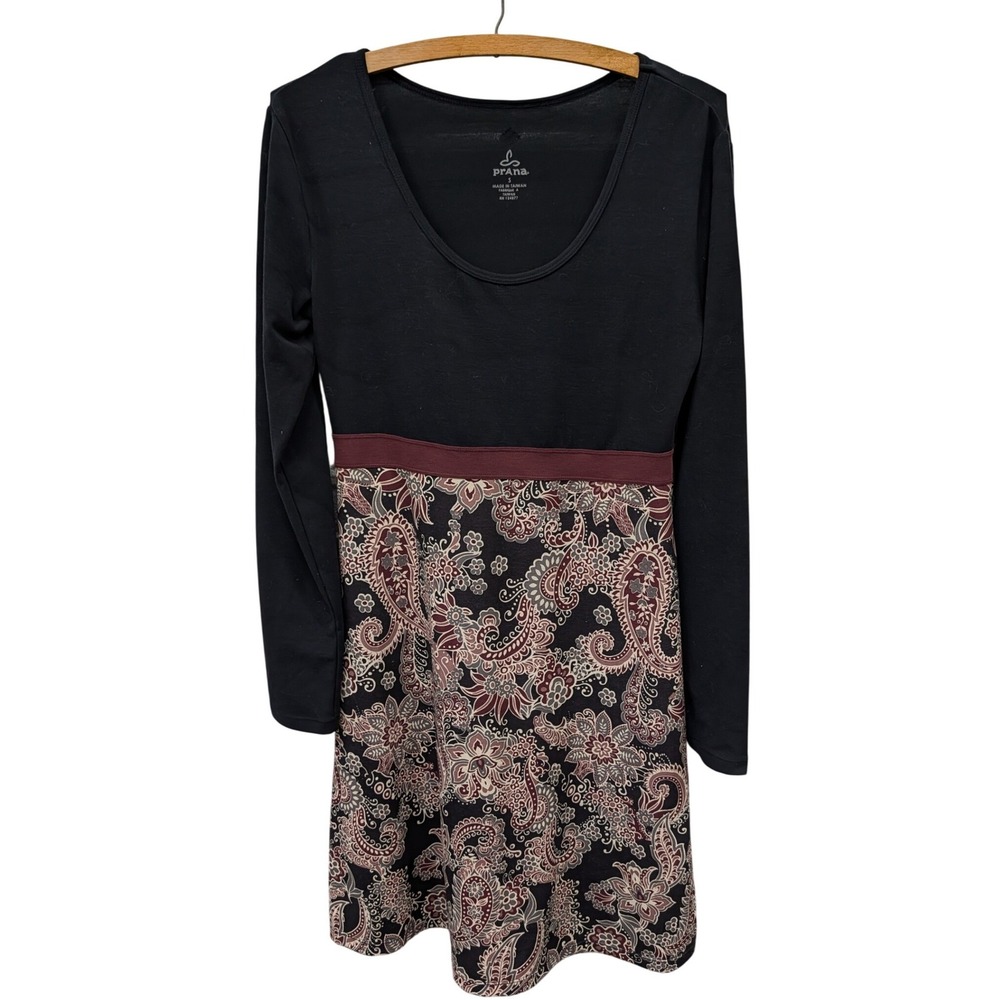 Prana‎ Women's Paisley Empire Waist Long Sleeve Mini Dress Black Burgundy- Small